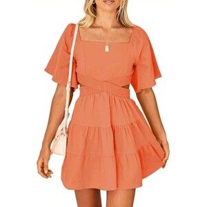 NWT Shy Velvet | Sz L | Orange Cutout Crossover Waist Mini Dress Flutter Sleeves